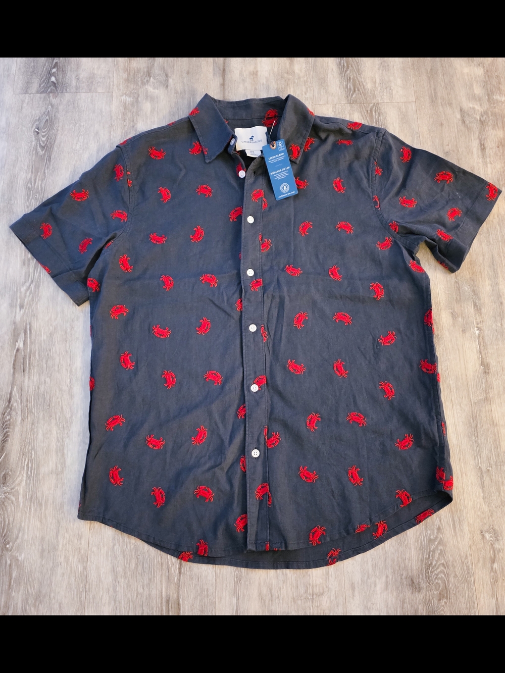 Caribbean Joe Navy Short-Sleeve Button-Down Shirt with Red Crab Motif